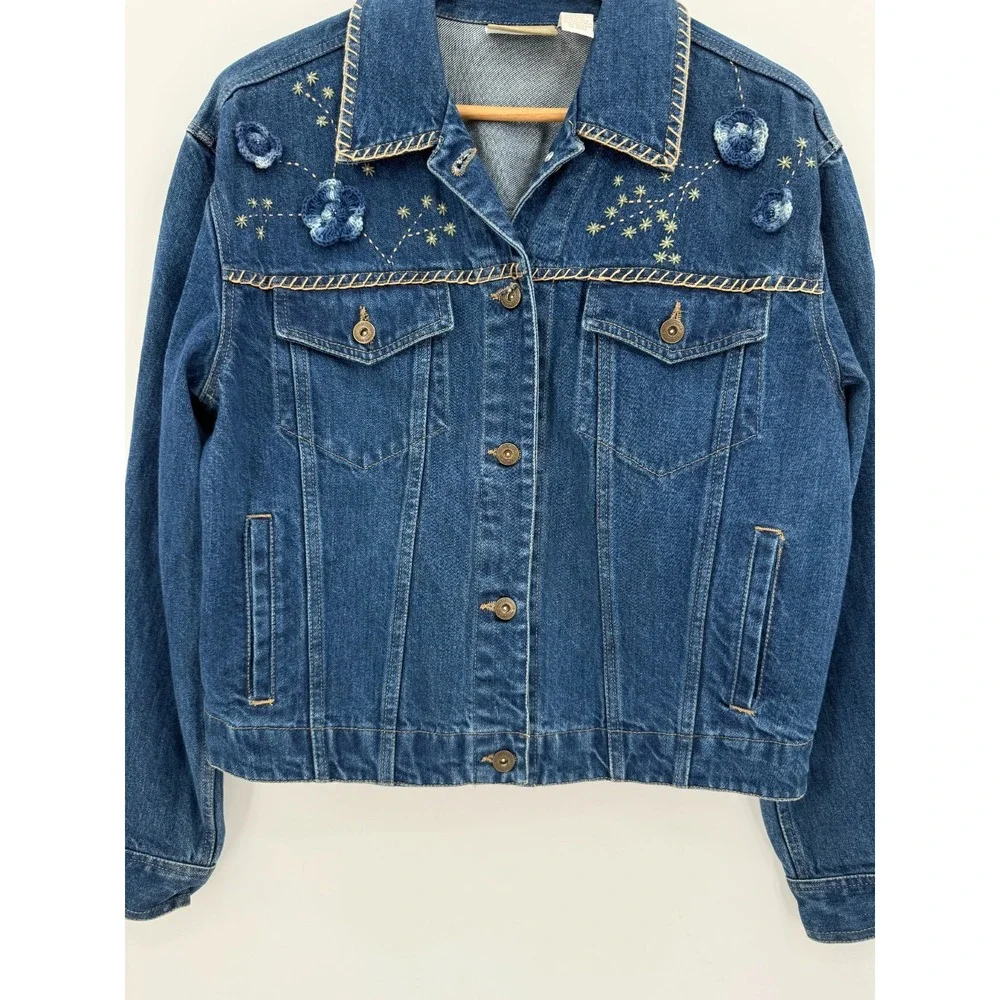 VintageLiz Claiborne Womens Embroidered Dark Denim Jacket Size Medium Cottage - Picture 4 of 10